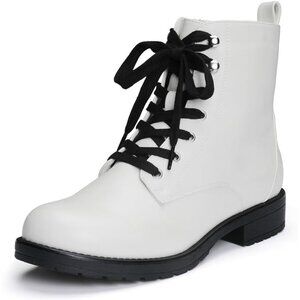 Women's White Ankle Combat Boots Lace Up Booties with Side Zipper Low Heel